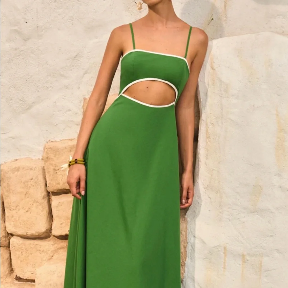 Commense Green Maxi Dress with White Trim Cutout